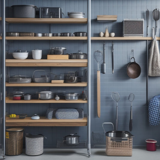 A well-organized garage with a sleek, gray pegboard on one wall, holding various kitchen utensils and gadgets, while a set of sturdy, wooden shelves on the opposite wall store labeled bins and baskets.