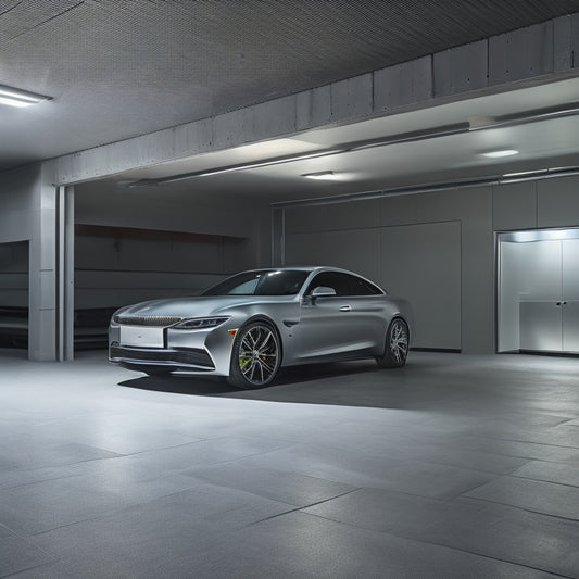 A sleek, silver luxury car parked in a dimly lit, climate-controlled garage with polished concrete floors and LED lighting, surrounded by high-gloss cabinets and a minimalist, industrial-chic aesthetic.