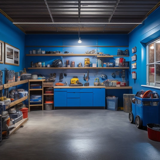 A cluttered, dimly lit garage with outdated cabinets and a worn-out concrete floor transforms into a bright, organized space with freshly spray-painted walls, shelves, and tools, surrounded by gleaming new flooring and modern storage units.