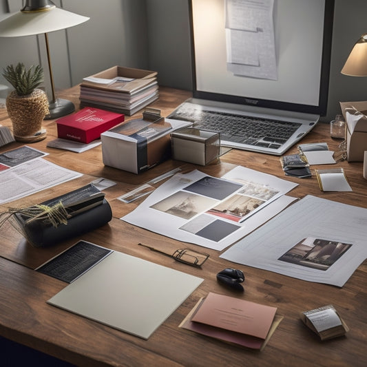A tidy desk with a laptop, a roll of Avery address labels, and a few sheets already printed with different label sizes and formats, surrounded by scattered envelopes and packages.
