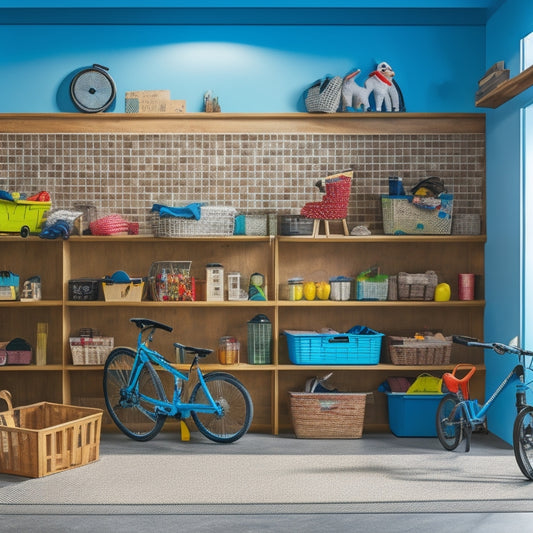 A clutter-free garage with a pegboard on the back wall, baskets on shelves, and labeled bins on a slatwall, surrounded by a kid's bike, a stroller, and a few toys, with a hint of natural light.
