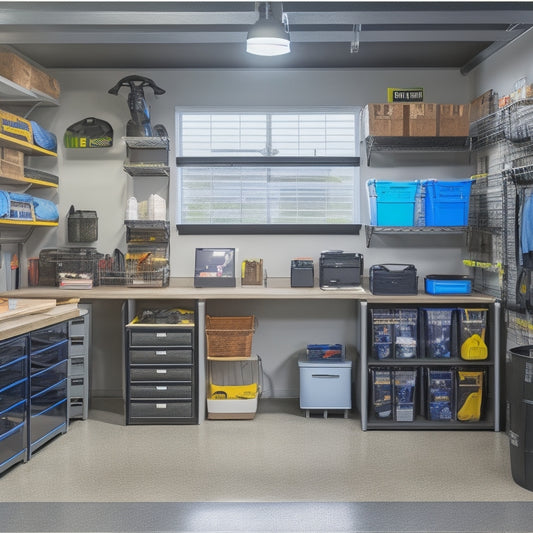 A clutter-free garage with a sleek, modern workstation, surrounded by labeled bins and shelves, featuring a tablet displaying a digital inventory app with icons for categorization and search.