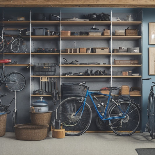 A well-organized garage with a slatwall featuring hooks, bins, and a foldable workbench, alongside a sleek shelving unit, a labeled pegboard, and a few neatly parked bicycles.