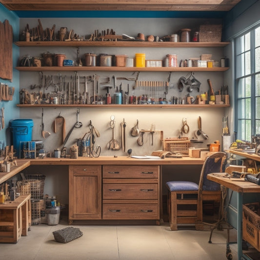A clutter-free, well-organized small workshop with a workbench, wooden cabinets, and pegboard on the wall, surrounded by various tools and machinery, with a sense of brightness and openness.