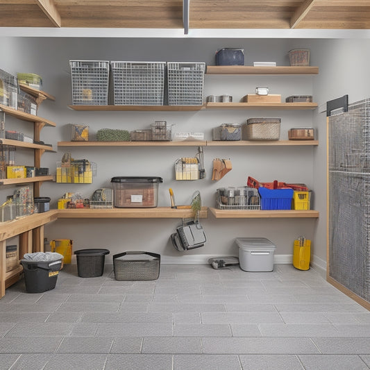 A clutter-free garage interior with a slatwall organizer, bins, and baskets, a pegboard with hanging tools, a shelving unit with labeled containers, and a sleek, epoxy-coated floor.