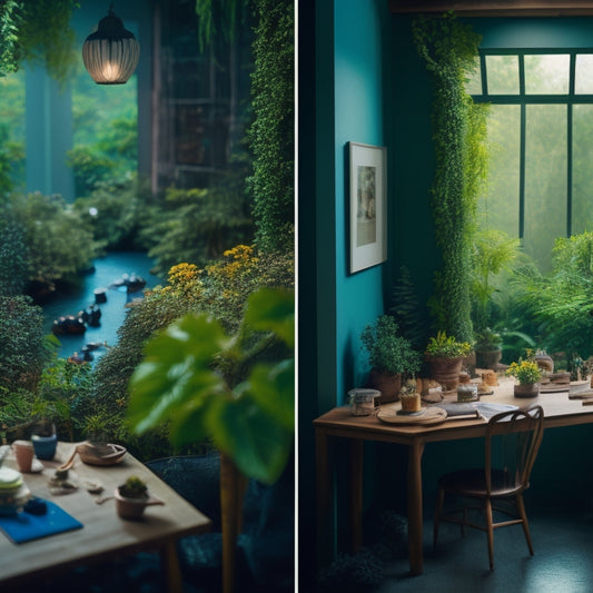 A split-screen image featuring a cluttered, dimly lit room on one side and a serene, minimalist space on the other, with a jigsaw puzzle piece bridge connecting the two, surrounded by lush greenery.
