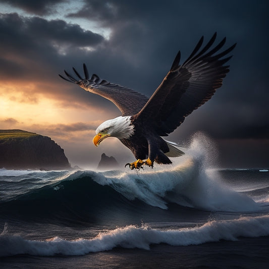 A majestic eagle soaring above a turbulent stormy sea, with a faint sunrise breaking through dark clouds in the background, symbolizing resilience and victory over life's obstacles.