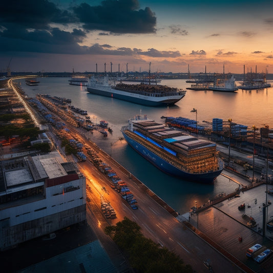 A bustling Port Klang waterfront scene at sunset, featuring cargo ships docked alongside modern warehouses, with vibrant streetlights, busy pedestrians, and a Ferris wheel in the distance.