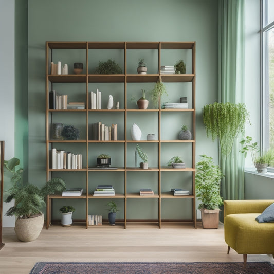 A modern, minimalist room with floor-to-ceiling shelves, bespoke cabinetry, and a sleek, sliding ladder, surrounded by neatly organized books, decorative objects, and a few, carefully placed green plants.