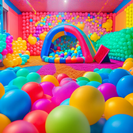 A vibrant, sunlit playroom with a sprawling indoor obstacle course, featuring a miniature rock climbing wall, tunnels, and a ball pit, surrounded by colorful balloons and confetti.