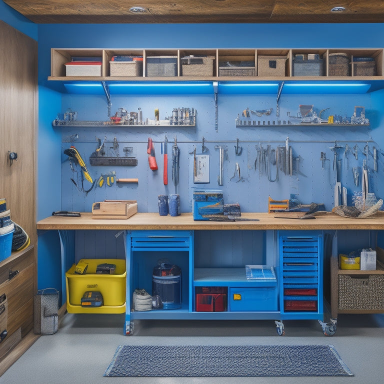 A clutter-free garage with a sturdy workbench featuring built-in cabinets, drawers, and shelves, surrounded by organized tools and accessories, with a pegboard on the wall holding various gadgets.
