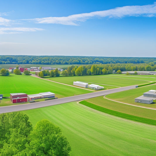 A serene, aerial view of Delaware, Ohio's rolling hills and tree-lined streets, with several self-storage facilities in the distance, featuring rows of neatly arranged storage units in various sizes.