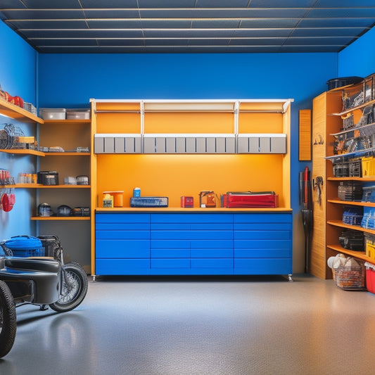 A well-organized garage interior with sleek, wall-mounted shelves, a slatwall with colorful bins and hooks, and a gleaming epoxy-coated floor, illuminated by natural light pouring in through a large window.
