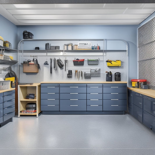 A bright, spacious garage with a sleek, gray epoxy-coated floor, featuring a slatwall with neatly arranged bins, baskets, and hooks, alongside a stainless steel workbench and a few organized toolboxes.