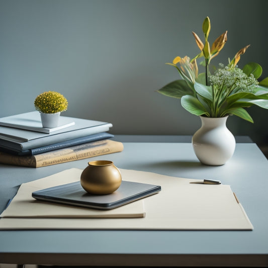 A serene, minimalist desk with a few, carefully arranged small items: a tidy stack of papers, a small vase with a single flower, a few pens in a small container, and a small, closed laptop.