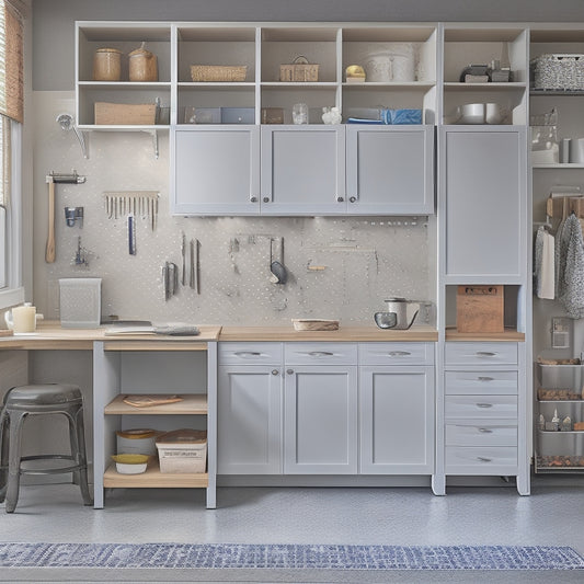 A well-organized garage with sleek, gray cabinets, a slatted wood workstation, and a pegboard adorned with neatly hung tools, set against a warm, beige-colored epoxy floor and a backdrop of natural light.