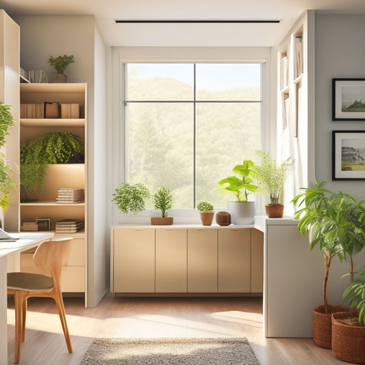 A modern, minimalist room with a sleek, floor-to-ceiling storage unit, sliding drawers, and shelves, surrounded by a clutter-free desk, a potted plant, and a large window with natural light.
