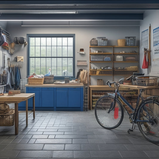 A tidy, well-lit garage with a sleek epoxy floor, rows of labeled bins and baskets on slatwall, a workbench with a built-in vice, and a few carefully parked bicycles.