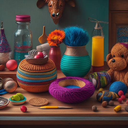 A vibrant, eclectic still life featuring a mix of colorful craft supplies, half-finished projects, and unique art pieces, set against a natural wood or woven background, with soft, warm lighting.