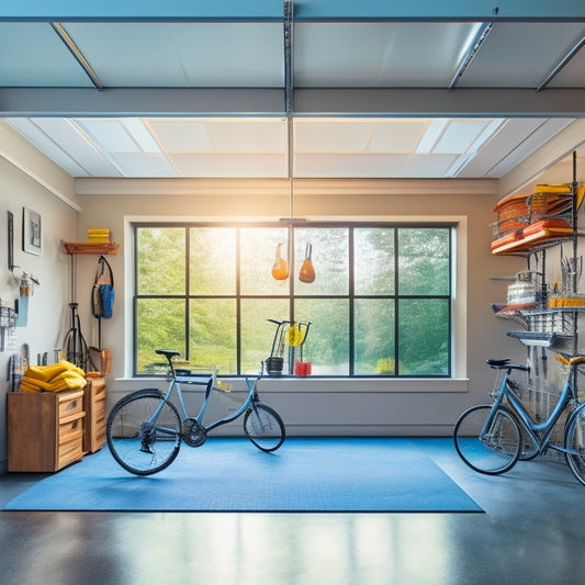 A well-lit, clutter-free garage with a sleek epoxy floor, featuring a pegboard with neatly hung tools, a modular shelving system, and a few bicycles suspended from the ceiling, surrounded by natural light pouring in through large windows.