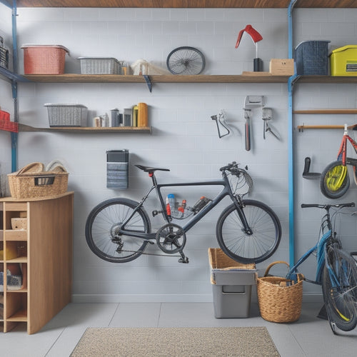 A neatly organized garage with a pegboard on the wall, holding various tools and accessories, alongside a few bicycles and storage bins, with a sense of calm and functionality.