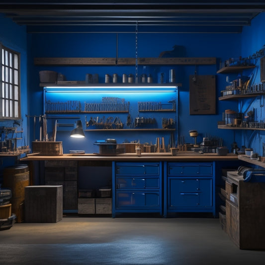 A dimly lit, industrial-style workshop with a large, wooden workbench in the center, surrounded by wall-mounted 3D tool storage units with sleek, metallic drawers and glowing blue LED lights.