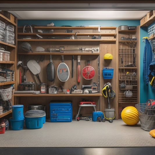 A cluttered garage with tools and sports equipment scattered everywhere, contrasted with a tidy garage in the background, featuring organized shelves, a labeled pegboard, and a sleek, shiny floor.
