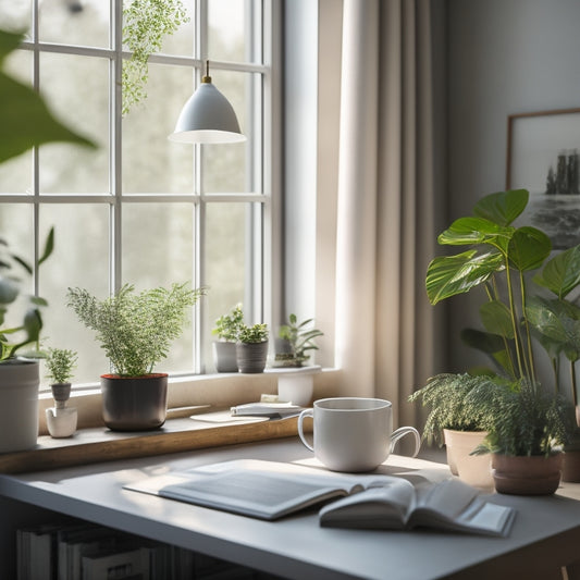 A serene, minimalist room with a tidy desk, organized bookshelves, and a few potted plants, illuminated by soft, natural light pouring through a large window with white curtains.