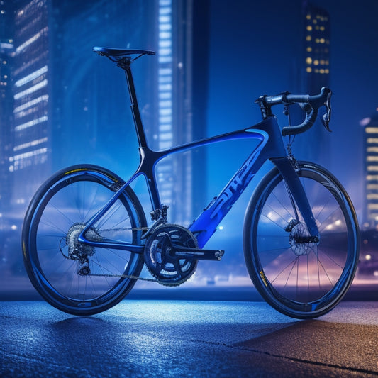 A futuristic, high-contrast image featuring a sleek, silver SRM PC8 bike computer mounted on a carbon fiber road bike, set against a blurred, dark blue background with subtle, neon-lit cityscape outlines.