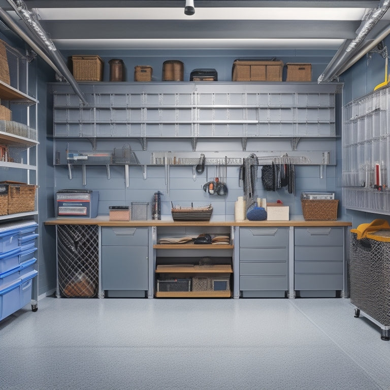 An organized garage with a slatwall featuring neatly arranged bins, baskets, and hooks, alongside a floor-to-ceiling shelving unit and a sleek, silver toolbox on a workbench.