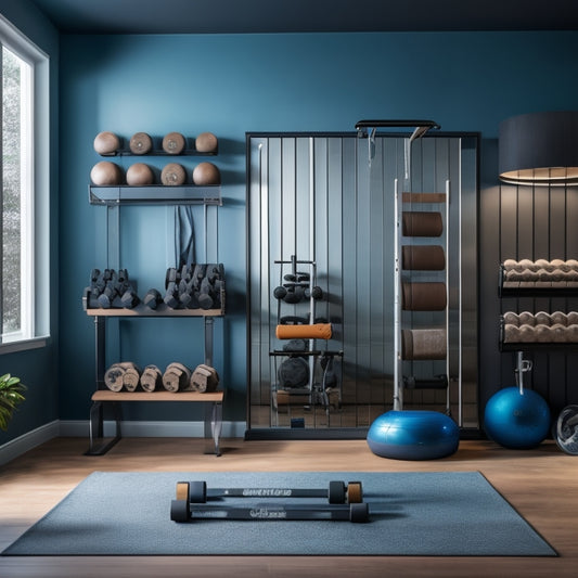 A tidy, well-lit home gym with a mirrored wall, featuring a sleek, wall-mounted foldable workout bench, and a set of dumbbells stored in a compact, woven basket on a minimalist shelving unit.