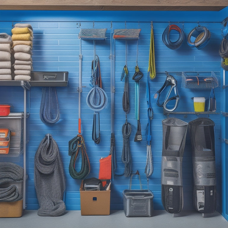 A well-organized garage with a sleek, silver pegboard on the wall, holding various climbing gear such as carabiners, ropes, and harnesses, alongside a few neatly stacked plastic bins and a shelved unit.