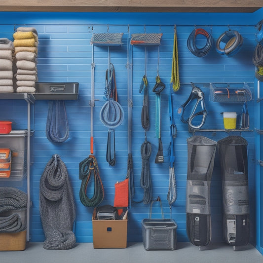 A well-organized garage with a sleek, silver pegboard on the wall, holding various climbing gear such as carabiners, ropes, and harnesses, alongside a few neatly stacked plastic bins and a shelved unit.