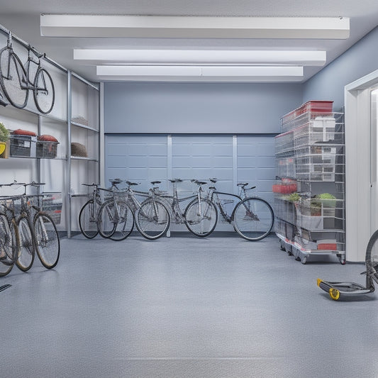 A well-organized garage with a silver metal overhead storage rack, gray epoxy-coated floor, and a row of matching gray cabinets with chrome handles, surrounded by a few neatly parked bicycles.