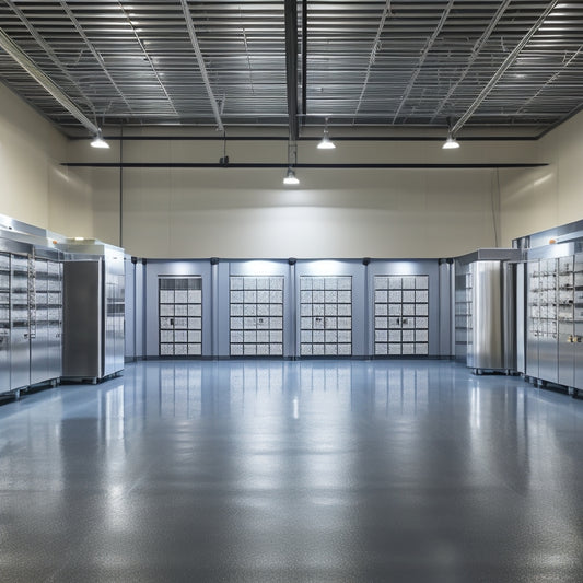 A sleek, modern warehouse interior with polished epoxy flooring, rows of stainless steel storage cabinets, and overhead LED lighting, surrounded by minimalist industrial decor and ample negative space.