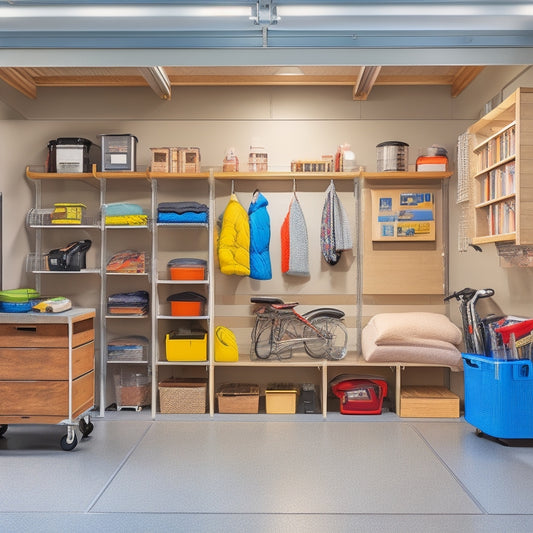 A tidy garage interior with a senior-friendly storage system: adjustable shelving, labeled bins, a walkway with handrails, and a wheelchair-accessible workstation with a lift-assist cabinet.