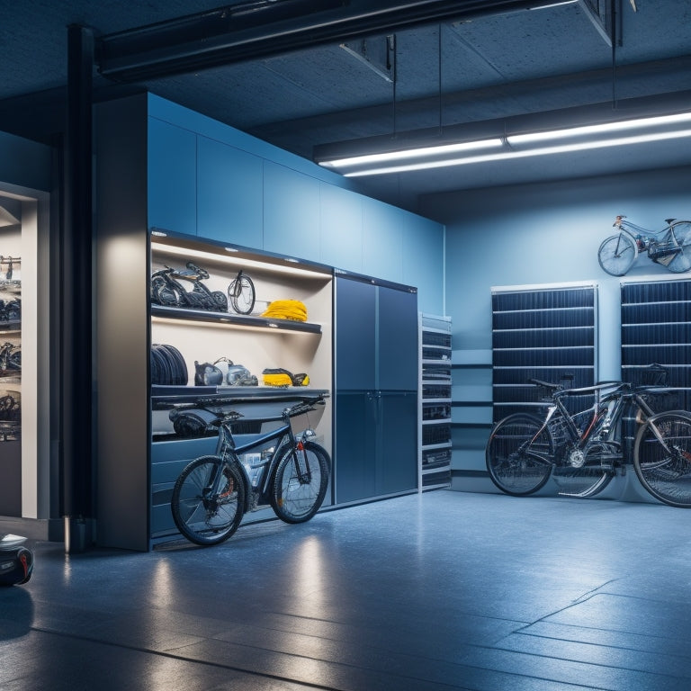 A sleek, modern garage interior with polished concrete floors, slatwall panels, and modular storage systems, featuring a sports car and a few bicycles, illuminated by bright LED lighting.