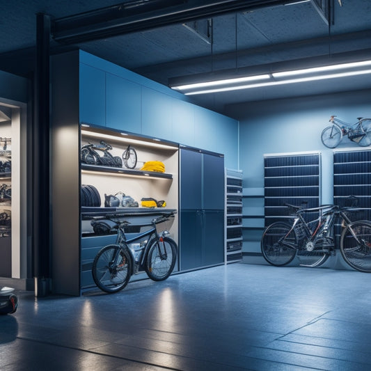 A sleek, modern garage interior with polished concrete floors, slatwall panels, and modular storage systems, featuring a sports car and a few bicycles, illuminated by bright LED lighting.