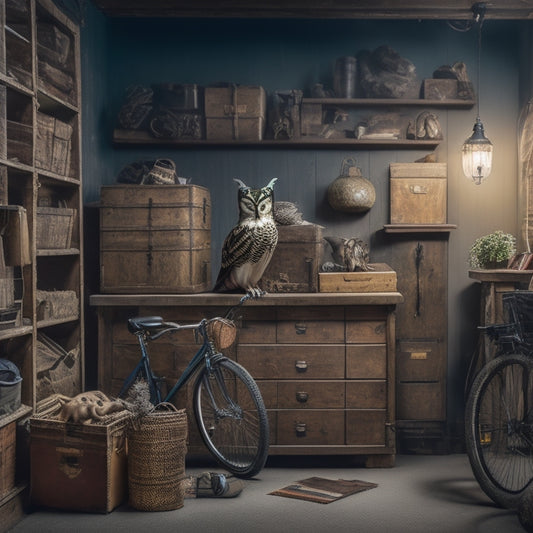 A cluttered, dimly lit attic with a vintage bicycle, a taxidermied owl, and a stack of antique trunks, transformed into a sleek, organized space with labeled bins and a custom shelving unit.