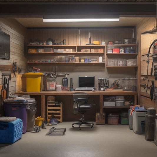 A cluttered garage with various tools and equipment scattered around, transformed into an organized space with labeled bins, a sleek workstation, and a MacBook displaying a garage management app on its screen.