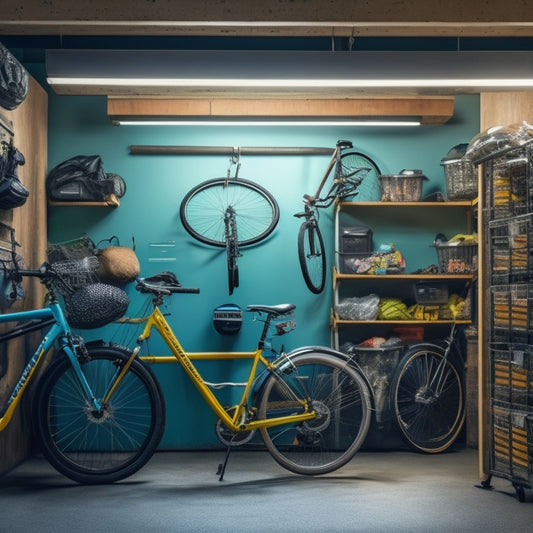 A cluttered garage with three bicycles of varying sizes leaning against walls, a bike lift suspended from the ceiling, and stacked plastic bins labeled with seasonal icons.