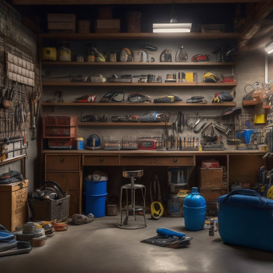A cluttered garage interior with a few organized areas, such as a labeled shelf or a tidy workbench, surrounded by chaos, with tools, sports equipment, and boxes stacked haphazardly.