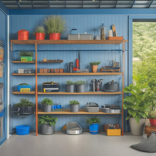 A clutter-free garage with sleek metal shelves, labeled storage bins, and a slatwall with hooks, surrounded by a tidy workbench, a parked car, and a few well-placed plants.