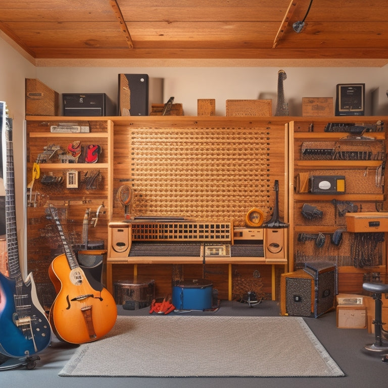 A clutter-free garage turned music studio with a pegboard holding guitars, a shelved cabinet storing amplifiers, and a hanging organizer filled with music sheets and cables.