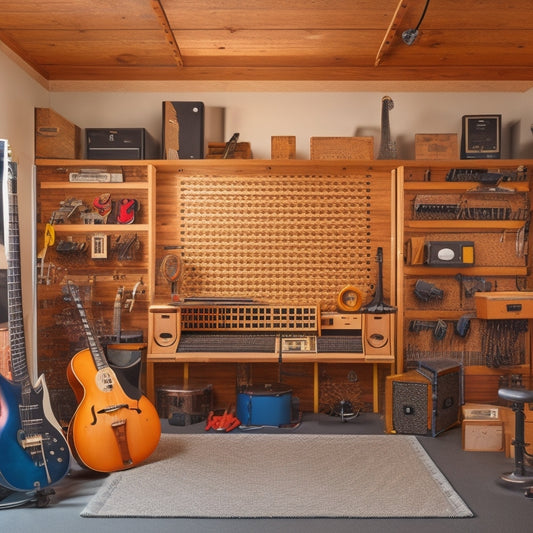 A clutter-free garage turned music studio with a pegboard holding guitars, a shelved cabinet storing amplifiers, and a hanging organizer filled with music sheets and cables.