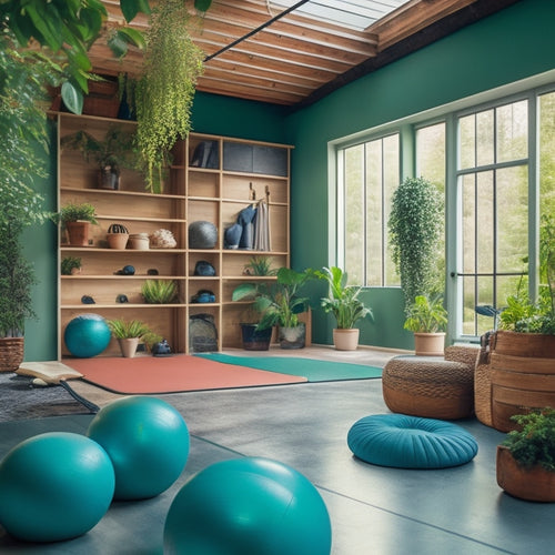 A serene, well-lit garage interior with organized storage systems, a few exercise balls and yoga mats in the corner, and a subtle hint of a person stretching in the background, surrounded by green plants.