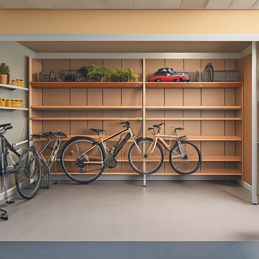 An organized garage with sloping floor, featuring wall-mounted shelves, slanted bins, and a cantilevered bike rack, all in a sleek, modern aesthetic with a neutral color palette.