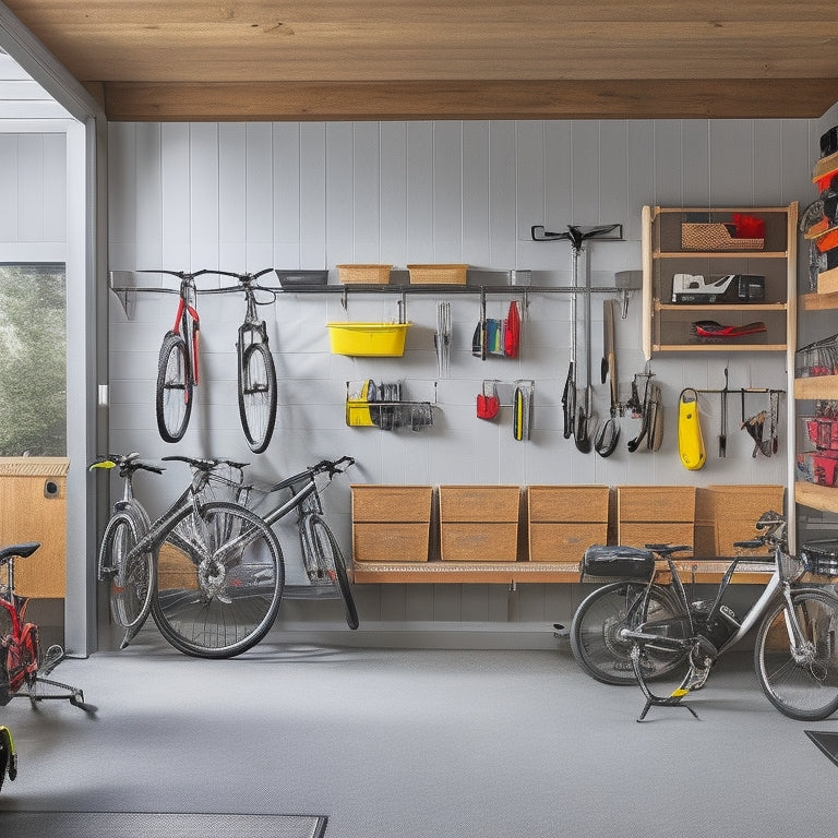 An organized garage with a slatwall storage system, hooks for bikes and tools, and clear bins labeled by category, surrounded by a clean and polished concrete floor and natural light pouring in.