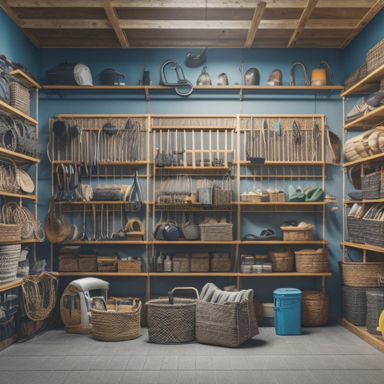 A well-organized garage with three-tiered shelving units, each shelf lined with wicker baskets in varying sizes, and a few baskets hanging from the ceiling, amidst a backdrop of tools and sports equipment.