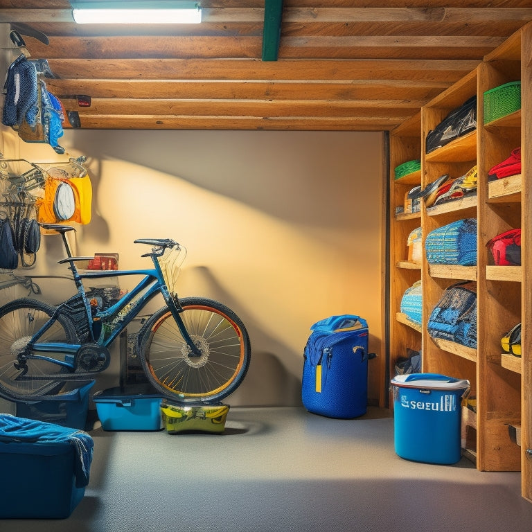 A tidy garage with camping gear organized on wall-mounted shelves, bins, and hooks, with a few bicycles and outdoor equipment in the background, illuminated by natural light filtering through a window.